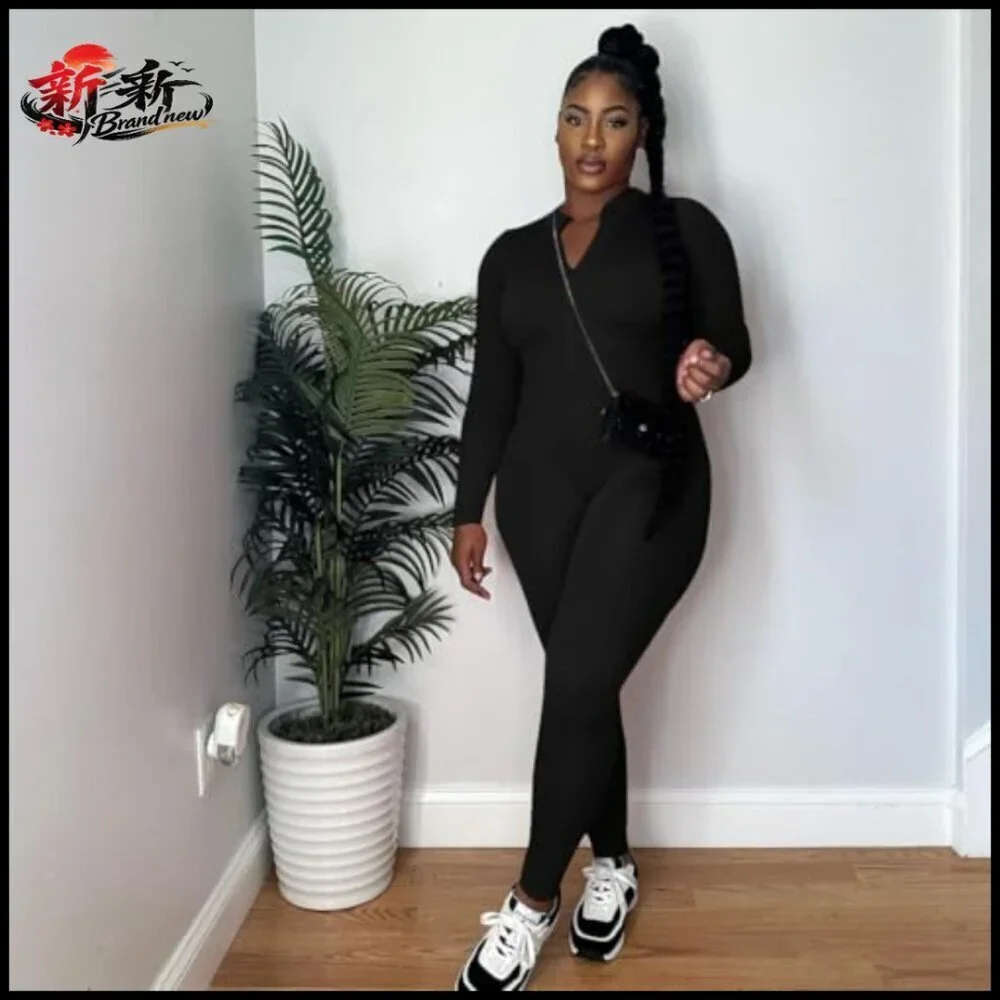 Long Sleeve Zip Up Bodycon Jumpsuit Polyester Blend Romper